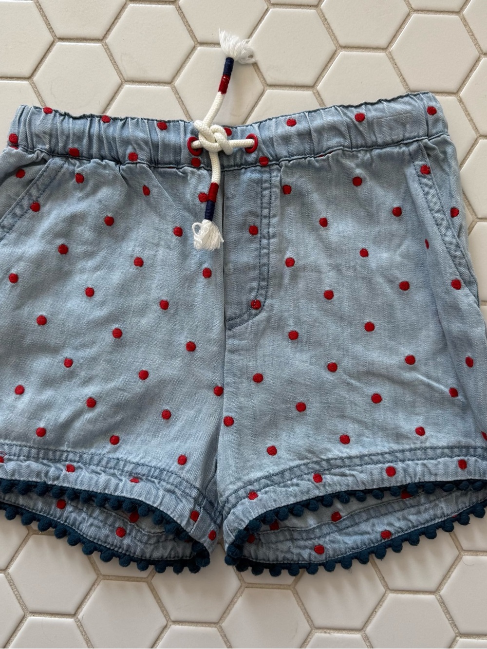 Matilda Jane Light Blue Chambray Shorts with Red Dot Embroidery